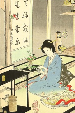 Blumenarrangierung und Teezeremonie 1895 Toyohara Chikanobu bijin okubi e Ölgemälde